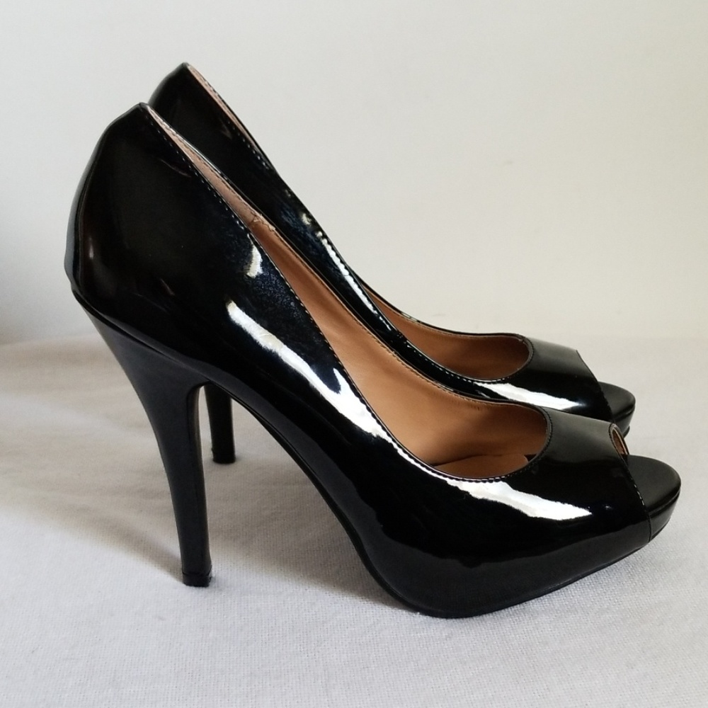JG New Black Patent Stiletto Heel Open Toe Pumps